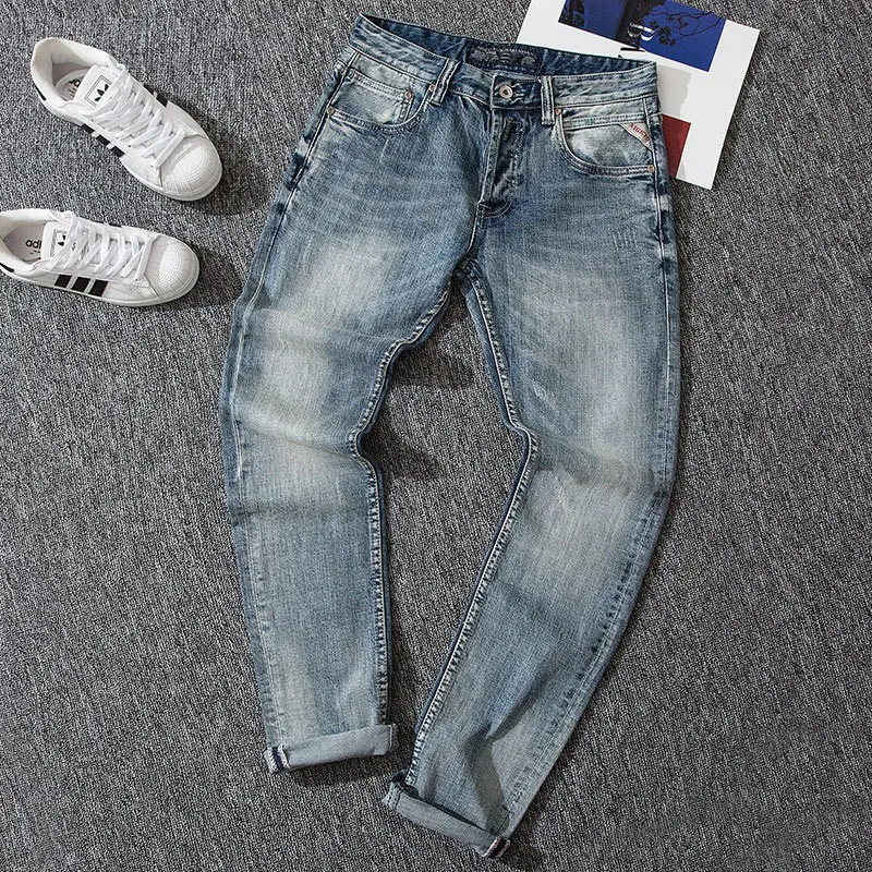 Rabat Italiensk Stil Mode Mænd Jeans Grå Blå Slim Fit Elastisk Bomuld Rippet Denim Bukser, Vintage Designer Knapper Bukser - Mænds Tøj \