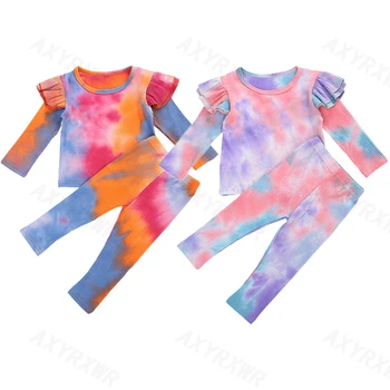 1-5Y Efteråret Spædbarn Baby Piger Tøj Tie Dye Print langærmet Body+Bukser børn Børn Ribbet Strikket Tøj Tøj