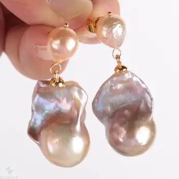 15-25MM Naturlige farve barok perle Øreringe 18k Øre Drop Kvinder Dingle Smykker Tilbehør