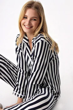 2 Stykke Kvinder Sort & Hvid Stribet langærmet Bomulds Satin Pyjamas Setightwear Kvindelige Damer pijamas