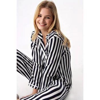 2 Stykke Kvinder Sort & Hvid Stribet langærmet Bomulds Satin Pyjamas Setightwear Kvindelige Damer pijamas