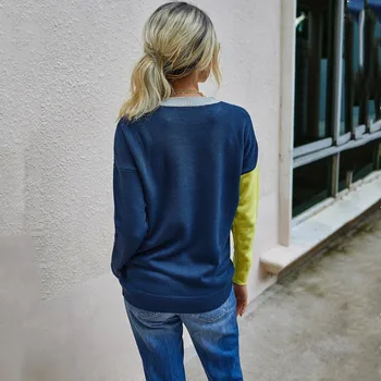 2020 Efterår Mode Syninger i Kontrast Farve Slank Pullover Kvinder Sweater Damer O-Hals Lange Ærmer Kvinde Trøjer Streetwear