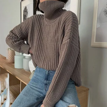 2020 Efterår Og Vinter Strikkede Turtleneck Sweater Kvinder Tyk Lang Oversize Trøjer Kvinder Solid Cashmere Trøjer Koreanske Toppe