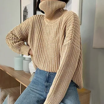 2020 Efterår Og Vinter Strikkede Turtleneck Sweater Kvinder Tyk Lang Oversize Trøjer Kvinder Solid Cashmere Trøjer Koreanske Toppe
