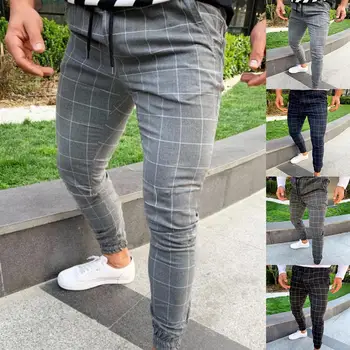 2020 Mode Mænd Plaid Print Elastisk Snor Casual Slim Fit Blyant Bukser Bukser til mænd