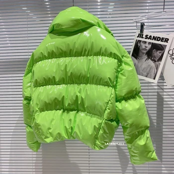 2020 Nye Fluorescerende grøn/sort Streetwear Kort vinter jakke kvinder frakke lynlås blank stand-up krave ned bomuld puffer pels