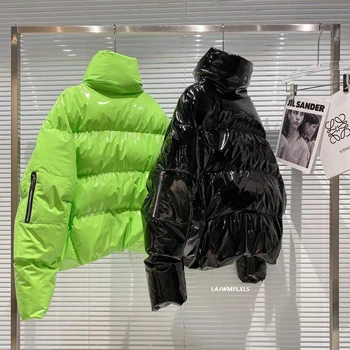 2020 Nye Fluorescerende grøn/sort Streetwear Kort vinter jakke kvinder frakke lynlås blank stand-up krave ned bomuld puffer pels