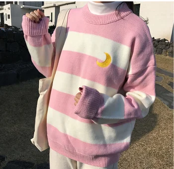2021 Kvinders Trøjer Kawaii College Candy Farve Striber Månen Sæt Broderi Sweater Kvindelige Harajuku Tøj Til Kvinder, Dame