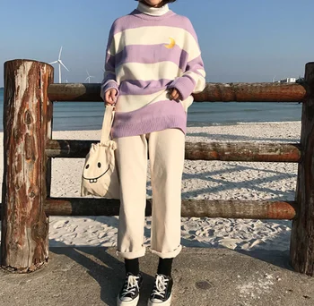 2021 Kvinders Trøjer Kawaii College Candy Farve Striber Månen Sæt Broderi Sweater Kvindelige Harajuku Tøj Til Kvinder, Dame