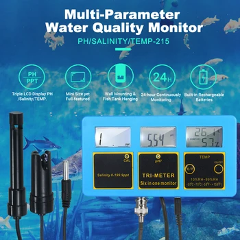 240V Water Quality Monitor 3-i-1 PH/Saltindhold/TEMP Måleren Genopladelige vandkvalitet Tester Detektor PH & Saltholdighed Skærm