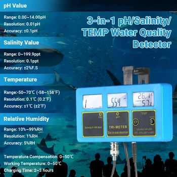240V Water Quality Monitor 3-i-1 PH/Saltindhold/TEMP Måleren Genopladelige vandkvalitet Tester Detektor PH & Saltholdighed Skærm