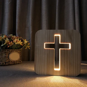 3D LED-Lampe Nat Lys USB-Desk bordlamper Kristendommen Krucifiks Håndværk til Gave, boligindretning, Træ-Cross