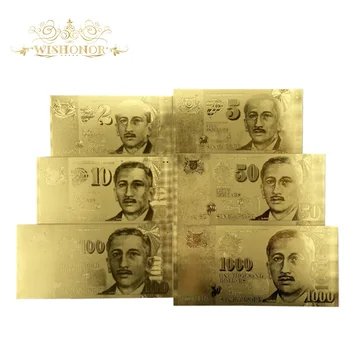 6stk/sæt Nye Guld Singapore Pengesedler 2 5 10 50 100 1000 SGD Guld Seddel i 24k Forgyldt Falske penge til Indsamling