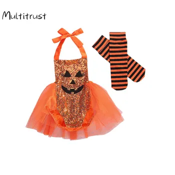 Baby Pige Halloween CostumeCute Græskar Ansigt Med Halterneck Bodyer Tutu Kjole + Stribede Sokker 2stk Outfits 0-24M