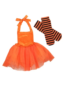 Baby Pige Halloween CostumeCute Græskar Ansigt Med Halterneck Bodyer Tutu Kjole + Stribede Sokker 2stk Outfits 0-24M