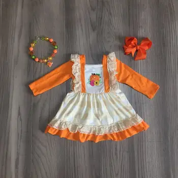 Baby piger, tøj piger Halloween dress piger klassisk kjole med græskar print og blonder forneden orange kjole matche bue
