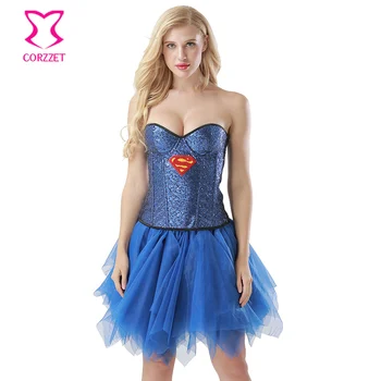 Blå Paillet Superwoman Cosplay Overbust Korset Bustier Top Corselet Sexet Burlesque Kostumer, Superhelte Corsage Gotiske Undertøj