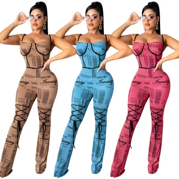Casual Brev Print Spaghetti Strop Bandage Buksedragt Kvinder Sexet Ryg-Outfit Night Party Club Tynde Rompers Street Overalls
