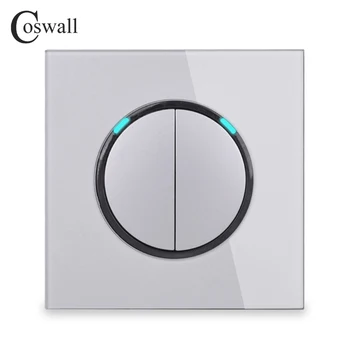 Coswall 2 Gang 1 Måde Tilfældig Klik på Skub On / Off Wall Light Switch Med LED-Indikator Hærdet Krystal Glas Panel 16A Grå