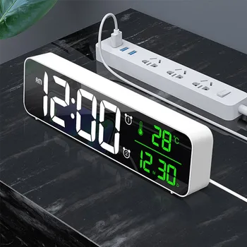 Digital Vækkeur til Soveværelse,Vækkeur med USB,12/24H & Dato & Temp LED-Display,Spejl Vækkeur til Sengen,Kontor
