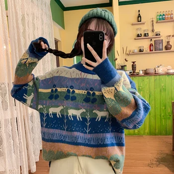 Ezgaga Jul Sweater Kvinder Vintage Japansk Preppy Stil Efteråret Nye Elk Print Løs Ladiy Strik Pullover Outwear Varm Mode