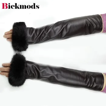 Fåreskind handsker 40 cm lange arm sleeve kvinders mode rabbit fur-cuff velourkant varm kvindelige læder handsker gratis fragt