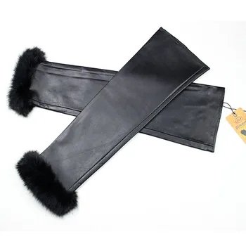 Fåreskind handsker 40 cm lange arm sleeve kvinders mode rabbit fur-cuff velourkant varm kvindelige læder handsker gratis fragt
