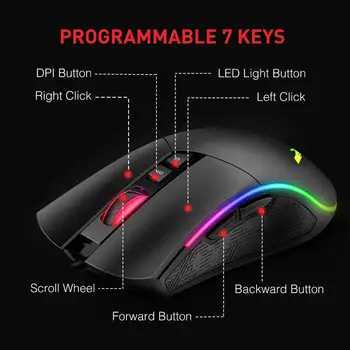 Havit Mekanisk Gaming-Tastatur og-Mus Combo Blå knap 104 Nøgler Rainbow Baggrundsbelyst Keyboard, 4800 DPI 7 Knap Mus Kablede