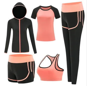 Hot salg kvinder quick dry 5 delt sæt yoga jakke+t-shirt+bh+shorts+bukser fitness tøj dame sports running sæt kulør