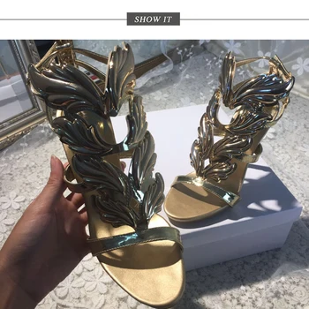 Hot sælg kvinders højhælede sandaler gold leaf flamme gladiator sandal sko part kjole sko kvinde patent læder blad sandaler
