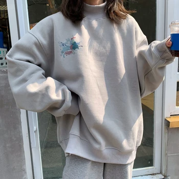 Hættetrøjer Kvinder Trykt Rullekrave Varmt Plus Velvet Oversized Sweatshirt Simple Kvindelige Pullover Koreansk Stil, Casual Hoodie Toppe