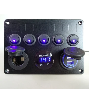 Inline sikringsboks 5 Bande Blå LED Rocker Switch Panel Voltmeter Dual USB Oplader Stik 12V 24V Køretøj Yacht Skib, Bil, Båd Marine
