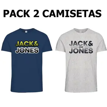 Jack & Jones Pack 2 T-shirts mandlige farven blå og grå logo stempling trim SLIM FIT Bomuld, Forår, Sommer