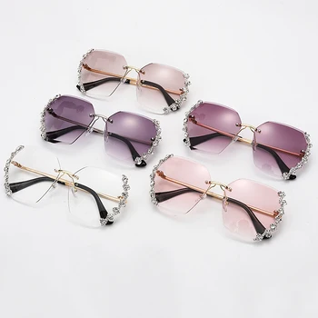 JASPEER Luksus Solbriller Kvinder Rhinestone Nuancer Uindfattede solbriller Kvindelige Luksus Designer Diamond Gradvis Tendens Briller