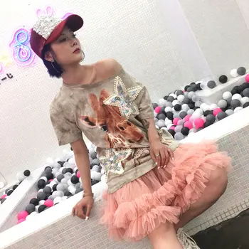 Kawaii Tutu Kjole Mesh Kvinder Lang T-Shirt Hip Hop Kawaii Harajuku Sommeren Tie Dye Løs Sequined Plus Size Shirt Kjoler SA545S30