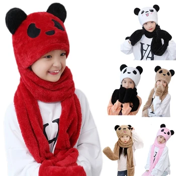 Kids Baby Vinter 3 I 1 Hat, Halstørklæde, Handsker Sæt Søde Panda Animal Ører Tykkere Fuzzy Blød Hættetrøje Earflap Cap Hals Varmere