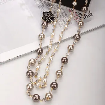 Koreanere Camellia dobbelt layerd sweater lang kæde perle halskæde vedhæng smykker til kvinder party