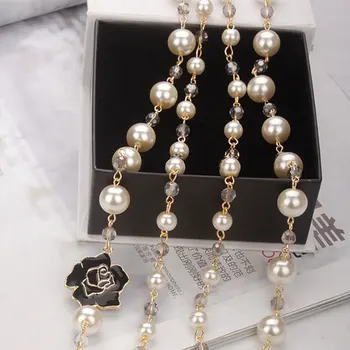 Koreanere Camellia dobbelt layerd sweater lang kæde perle halskæde vedhæng smykker til kvinder party