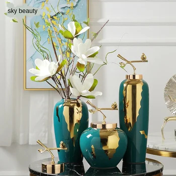 Kreative Kinesiske Retro keramik vase Guld Keramiske håndværk Dekorative ornamenter Stue blomst arrangement Hjem Dekoration