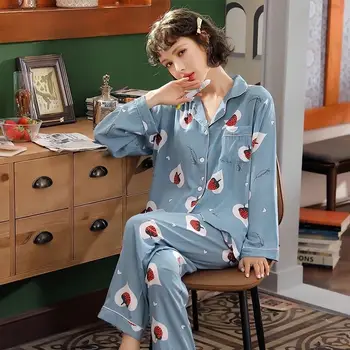Kvinde Bomuld Satin Pyjamas, der Passer Solsikke Udskrivning langærmet Pyjamas Kvinder er 2 delt Nattøj Tynd Casual Damer Homewear