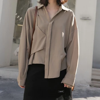 Kvinder Elegant Chiffon Vintage Uregelmæssige V-Hals langærmet Skjorte Solid Løs Bluse Toppe I 2020 Spring Nye T01515M
