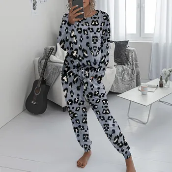 Kvinder Pyjamas Sæt Nye Casual Leopard Print Homewear Kvinder Pyjamas Lange Bukser, Nattøj Hjem Passer til Kvindelige Pyjamas i 2-delt Sæt
