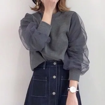 Kvinder T-Shirt med Lange Ærmer 2020 Foråret Efteråret koreansk Mode Solid Grå Mesh Patchwork Overdele Pige er Sød Pullover Shirts