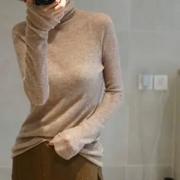 Kvinders turtleneck sweater solid uld pullover tynd strik, toppe, lange ærmer korte slank mode elegant jakke