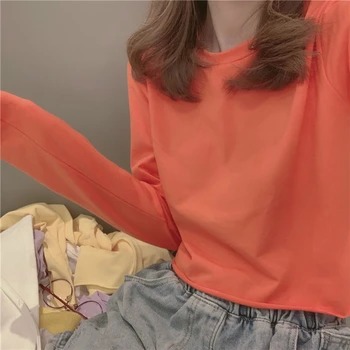 Langærmet T-shirts Forår Afgrøde-top Kvinder Solid koreansk Stil Sexet Søde Piger Casual Løs Trendy Ins Alle-match Tees Ulzzang