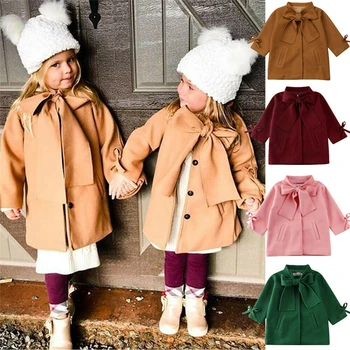 Lille barn, Børn, Tøj Piger Uld Sløjfeknude hals Trench Coat Frakke Fashion Varm Vinter Outwear Jakke