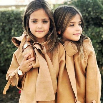 Lille barn, Børn, Tøj Piger Uld Sløjfeknude hals Trench Coat Frakke Fashion Varm Vinter Outwear Jakke