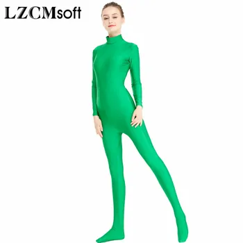 LZCMsoft Plus Size Lycra Spandex Zentai Dragt Langærmet Rullekrave Footed Unitards Kvinder Stretch Lynlås Dancewear Cosplay Passer