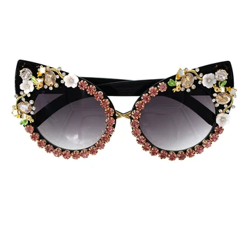 Mode Solbriller Kvinder Luksus Mærke briller Metal perle med Rhinestone Dekoration Kat Øjne Vintage Solbriller Nuancer Oculos