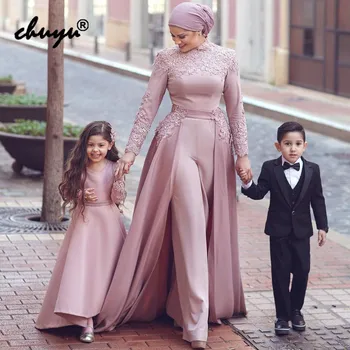 Mørk Pink Muslimske Aften Kjoler, Buksedragter Aftagelig Pynt Tørklæde Hijab Islamiske Dubai Saudi-Arabisk Aften Kjole Prom Dress